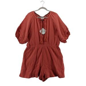 Gauze Romper Shorts Knox Rose Coral Pink XXL Tassels Tie Bohemian Keyhole Button